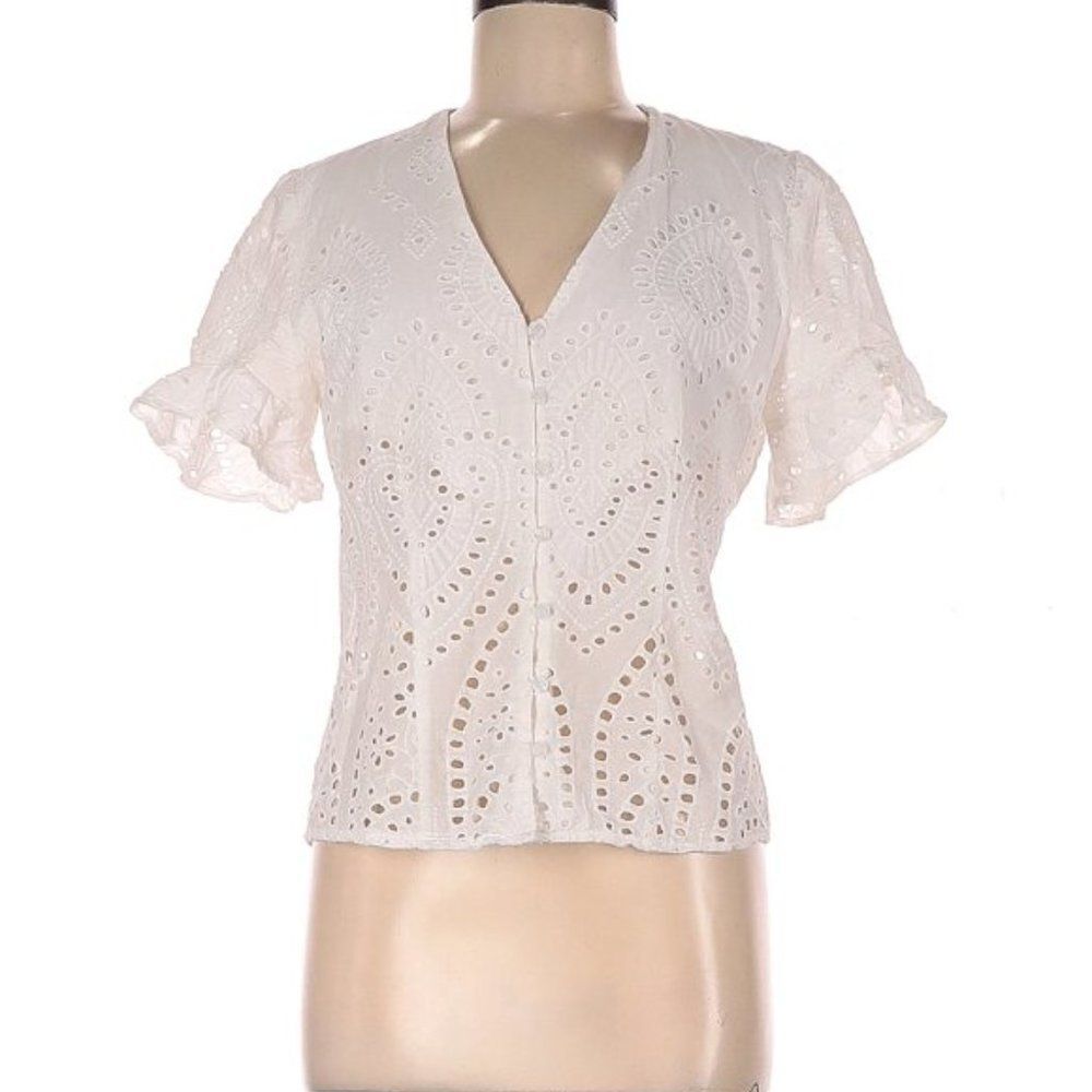 White Adiva Eyelet Button Down V-Neck Short Sleeve Blouse (NWT)
